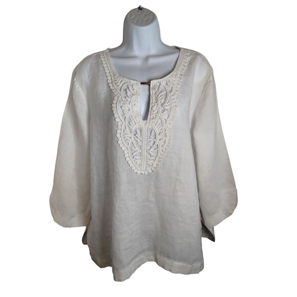 OSO Casuals XLarge Tunic Top White Linen Embellished Front Round neck 3/4 Sleeve - Picture 2 of 6